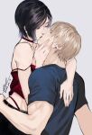  ada_wong arm_around_another's_waist arm_around_neck bare_shoulders black_hair black_pants blonde_hair blue_shirt choker closed_eyes commentary couple dated earrings grey_background hand_on_another's_cheek hand_on_another's_face hetero jewelry kiss leon_s._kennedy meow_(cindy738) midriff pants pearl_earrings red_choker red_shirt red_thong resident_evil shirt short_sleeves signature untranslatable_commentary 