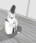 2022 anthro asian_clothing b-w-d biped bowl canid canine chopsticks clothed clothed_anthro clothed_male clothing container detailed_background digital_media_(artwork) east_asian_clothing eboshi floor fox fur greyscale headgear headwear hi_res holding_bowl holding_chopsticks holding_container holding_object humanoid_hands inner_ear_fluff inside japanese_clothing kariginu male male_anthro mammal monochrome sitting solo three-quarter_view tuft wood wood_floor
