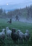 2018 alert ambiguous_anthro ambiguous_feral ambiguous_gender anthro biped bottomwear bovid canid canine canis caprine clothed clothing cloud cool_colors dark_body dark_fur domestic_dog feral fog forest formal_art fur glowing glowing_eyes group herding_dog hi_res imminent_danger jakub_rozalski loincloth loincloth_only mammal mythological_canine mythological_creature mythology outside pastoral_dog pivoted_ears plant pointy_ears prick_ears quadruped sheep sheepdog signature sky standing topless tree werecanid werecanine werecreature werewolf white_body white_fur