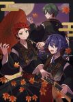  3boys :d autumn_leaves bead_bracelet beads black_border black_hair black_hakama black_kimono border bracelet branch closed_mouth cloud commentary crescent earpiece egasumi ensemble_stars! falling_leaves floating_hair full_moon glasses glint green_hair grey-framed_eyewear grin hair_between_eyes hair_intakes hakama hand_up hasumi_keito highres holding holding_sword holding_umbrella holding_weapon idol japanese_clothes jewelry kanzaki_souma katana kimono kiryu_kuro leaf leaf_print long_hair long_sleeves looking_at_viewer male_focus maple_leaf maple_leaf_print moon motoyui multicolored_hair multiple_boys night official_alternate_costume outline outside_border parasol ponytail print_kimono profile purple_hair quarrel_festival_(ensemble_stars!) red_hair sako_nako sayagata sheath sheathed short_hair sidelocks sky sleeve_ribbon smile spiked_hair star_(sky) streaked_hair sword umbrella untranslatable_commentary v-shaped_eyebrows weapon white_outline wide_sleeves 