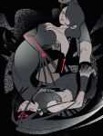  1boy 1girl bare_shoulders black_gloves black_hair black_headband black_shirt black_shorts breasts chest_markings claws cleavage commentary crop_top dress elbow_gloves envy_(fma) fullmetal_alchemist gloves headband highres long_hair lust_(fma) medium_breasts midriff red_eyes red_lips shirt shorts sleeveless sleeveless_shirt slit_pupils strapless strapless_dress untranslatable_commentary uzuta 