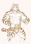  abs anthro armpits belt bulge claws clothing feline fur_markings male mammal markings muscular muscular_male nipples pockyrumz simple_background solo tiger underwear whiskers white_background 