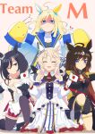  4girls :< absurdres ahoge animal_ears beret black_hair blonde_hair blue_eyes blush breasts cleavage closed_eyes closed_mouth collarbone detached_sleeves duramente_(umamusume) eishin_flash_(umamusume) english_text food harayama_(mambition) hat highres horse_girl long_sleeves looking_at_viewer medium_breasts multiple_girls nattou neo_universe_(umamusume) shaded_face simple_background smile umamusume victoire_pisa_(umamusume) white_background 