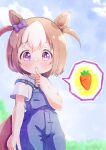  1girl aged_down animal_ears blue_overalls blue_sky bow brown_hair carrot cloud commentary_request ear_bow finger_to_mouth horse_ears horse_girl horse_tail index_finger_raised looking_at_viewer multicolored_hair outdoors overalls purple_bow purple_eyes shirt short_hair short_sleeves sky special_week_(umamusume) spoken_food tail two-tone_hair umamusume white_hair white_shirt yoshiharu_izumi 