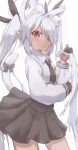  1girl absurdres animal_ear_fluff animal_ears black_bow black_gloves black_necktie black_skirt blue_archive blush bow cat_ears cat_girl cat_tail closed_mouth collared_shirt commentary_request cowboy_shot dark-skinned_female dark_skin downturned_eyes frown gloves grey_hair hair_bow hair_intakes hair_over_one_eye halo hand_up high-waist_skirt highres holding_own_hair iori_(blue_archive) kemonomimi_mode long_bangs long_hair long_sleeves looking_at_viewer necktie pleated_skirt pointy_ears puffy_long_sleeves puffy_sleeves purple_halo red_eyes red_gloves shirt sidelocks simple_background skirt solo straight_hair sweatdrop tail tail_bow tail_ornament tail_raised tomonx twintails two-sided_gloves very_long_hair white_background white_shirt 