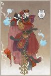 2021 2_tails 4_fingers 4_toes abarewanko absurd_res ambiguous_gender anthro asian_clothing asian_mythology biped black_body black_fur chinese_clothing chinese_mythology cjk_character claws cloak clothed clothed_anthro clothing coin digital_media_(artwork) digitigrade domestic_cat east_asian_clothing east_asian_mythology facial_markings fangs feet felid feline felis finger_claws fingers floating fur furgonomic_headwear furgonomics hanfu head_markings headgear headwear hi_res japanese_description looking_aside mammal markings multi_tail mythology pattern_clothing paws pelvic_curtain print_clothing red_clothing robe sash semi-anthro shoulder_pads simple_background solo tail tail_tuft teeth toe_claws toes tuft yellow_sclera
