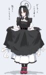  1girl alternate_costume apron azami_(blue_archive) black_hair blue_archive bowing curtsey embarrassed fantomyu grey_halo halo highres holding_own_dress holding_own_skirt long_hair maid maid_apron maid_headdress multicolored_hair slit_pupils snake snake_hair solo translation_request two-tone_hair white_hair white_snake 