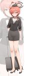  1girl absurdres ahoge alternate_hairstyle black_halo black_hat black_shirt black_skirt blue_archive braid buttons commentary english_commentary flight_attendant frown full_body halo hat highleg highres long_hair long_sleeves neru_(blue_archive) official_alternate_costume panzaa red_eyes red_hair rolling_suitcase shirt skirt sleeves_rolled_up solo standing suitcase sweatdrop travel_attendant 