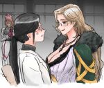 3girls anger_vein anne_(path_to_nowhere) belt black_belt black_bra black_fur black_hair black_sweater blonde_hair blue_eyes bra breast_envy breasts chameleon_(path_to_nowhere) clipboard coat gem glasses gloves gold_ribbon green_coat green_gem hat holding holding_clipboard huge_breasts indoors iron_(path_to_nowhere) jewelry jrnc23 lab_coat long_hair multiple_girls necklace nurse_cap path_to_nowhere pink_hair ponytail red_gloves red_lips shirt skirt small_breasts sweater underwear white_coat white_hat white_shirt white_skirt 