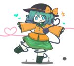  +++ 1girl black_boots black_hat blue_eyes blue_hair boots bow chibi collared_shirt commentary_request full_body green_skirt grin hair_between_eyes hat hat_bow heart heart_of_string highres komeiji_koishi long_sleeves looking_at_viewer sea_urchin shadow shirt simple_background skirt sleeves_past_wrists smile solo standing standing_on_one_leg thick_eyebrows third_eye touhou uni_souchou white_background wide_sleeves yellow_bow yellow_shirt 