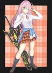  1girl absurdres aikawa_megumi black_socks clothes_around_waist commentary_request greatsword green_eyes heaven_burns_red highres kosyou21057 neck_ribbon pink_hair red_ribbon ribbon shirt socks sword weapon white_shirt 