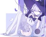  1girl black_gloves bow bowtie bug butterfly closed_mouth commentary dress frilled_dress frills gloves hat highres hime_cut icetreset873 long_hair magical_girl mahou_shoujo_no_majo_saiban natsume_an-an purple_bow purple_bowtie purple_eyes sitting solo thighhighs witch_hat 