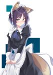  1girl absurdres alternate_costume animal_ear_fluff animal_ears apron apron_hold black_dress blue_hair blush breasts check_commentary cho_kaguya-hime! closed_mouth collared_dress colored_inner_hair commentary_request contrast_collar cowboy_shot dress embarrassed enmaided forehead_jewel fox_ears fox_girl fox_tail frilled_apron frills gem green_eyes highres juliet_sleeves long_sleeves looking_at_viewer maid maid_apron maid_headdress multicolored_hair pandoa_(mikage0495) puffy_sleeves purple_hair red_gem sakayori_iroha short_hair sidelocks sideways_glance simple_background small_breasts solo sweat tail turning_head waist_apron white_apron white_headdress 