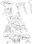  5girls absurdres aino_minako bishoujo_senshi_sailor_moon bow double_bun english_text greyscale hair_bow hair_bun highres hino_rei kino_makoto long_hair mizuno_ami monochrome multiple_girls nervous nervous_sweating ponytail short_hair signature surprised sweat tsukino_usagi wide-eyed yamino 