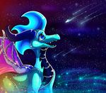  blue_scales curved_horn dragon eyelashes horn membranous_wings open_outh plaguedogs123 scales sky smile star starry_sky teeth wings 