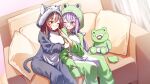  2girls animal_costume arm_hug brown_hair cheek_poking chisaka_airi couch crescent crescent_hair_ornament eepy_sleepy frog frog_costume hair_ornament highres kghazir looking_at_another multiple_girls one_eye_closed onesie pacifier phase_connect poking purple_eyes purple_hair sitting smile star_(symbol) star_hair_ornament wolf wolf_costume yellow_eyes 