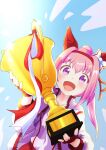  1girl animal_ears blue_sky blush bow buruma commentary_request ear_bow ear_covers fingerless_gloves flower_in_eye gloves haru_urara_(bestest_prize)_(umamusume) haru_urara_(umamusume) headband holding holding_trophy horse_ears horse_girl jacket long_hair open_mouth pink_buruma pink_eyes pink_hair pink_headband ponytail red_buruma red_gloves red_headband shirt sky smile solo symbol_in_eye trophy umamusume white_jacket white_shirt yoshiharu_izumi 