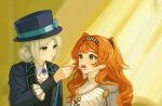  2girls ascot black_coat black_hat braid checkered_hairband coat collared_dress collared_shirt commentary dress english_commentary feeding green_eyes grey_eyes grey_hair hair_bun hairband hat high_collar highres holding holding_spoon long_hair looking_at_another multiple_girls nerukaiya open_mouth reverse:1999 shirt short_hair single_braided_sidelock single_side_bun sonetto_(reverse:1999) spoon two_side_up vertin_(reverse:1999) white_ascot white_dress white_shirt yellow_background 