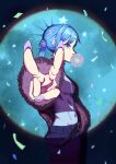  1girl absurdres belt black_belt black_shawl black_shirt blowing_bubble_gum blue_hair chewing_gum collar flam from_side fur_shawl groin_tendon hair_bun hand_focus highres hololive hoshimachi_suisei looking_at_viewer multicolored_hair navel pink_streaks primadonna_(hoshimachi_suisei) profile purple_nails shawl shirt spiked_hair spotlight star_(symbol) star_in_eye streaked_hair symbol_in_eye v 
