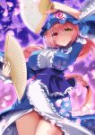  1girl alternate_costume blue_hat blue_kimono braid breasts bug butterfly closed_mouth commentary_request cosplay cowboy_shot dual_wielding falling_petals floral_print floral_print_kimono flower_knight_girl folding_fan frilled_kimono frilled_sleeves frills green_eyes hair_between_eyes hand_fan hat heterochromia highres holding holding_fan japanese_clothes kimono large_breasts long_hair long_sleeves looking_at_viewer mob_cap neck_ribbon obi obijime petals pink_butterfly pink_eyes pink_hair pink_petals print_kimono purple_ribbon purple_sash ribbon saigyouji_yuyuko saigyouji_yuyuko_(cosplay) sakura_(flower_knight_girl) sash single_braid sleeve_garter thighs touhou triangular_headpiece very_long_hair wide_sleeves yamu_(reverse_noise) 