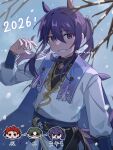  1boy 2026 :d animal_ears arrow_(symbol) backlighting blurry blurry_foreground branch cape chibi chinese_zodiac commentary_request cowboy_shot crescent ensemble_stars! floating_hair glasses green_hair grin hair_between_eyes hair_intakes hand_up hasumi_keito head_only head_tilt highres horse_boy horse_ears horse_tail japanese_clothes kanzaki_souma kimono kiryu_kuro long_hair long_sleeves looking_at_viewer male_focus motoyui official_alternate_costume outdoors ponytail purple_cape purple_hair red_hair sako_nako sidelocks smile snow snow_on_branch snowing solo tail tassel twitter_username white_kimono year_of_the_horse 