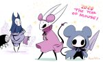  1other 2020 3girls animal_ears animal_hood bano_akira blush bow chinese_zodiac cloak commentary_request fake_animal_ears grey_cloak hairband herrah_(hollow_knight) hollow_eyes hollow_knight hood horned_mask mask midwife_(hollow_knight) mouse_ears mouse_hood multiple_girls neck_ribbon pink_bow pink_cloak pink_hairband pink_ribbon ribbon simple_background sweat tail tail_bow tail_ornament white_background white_mask year_of_the_rat 