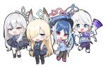  1girl absurdres animal_ear_fluff animal_ears antenna_hair armband blonde_hair blue_archive blue_eyes blue_hair blue_halo blue_shirt blush braid chibi commentary_request dog_ears dog_girl donut extra_ears floral_print_shirt food fubuki_(blue_archive) grey_eyes grey_hair grey_halo hair_over_one_eye halo hawaiian_shirt highres holding holding_donut holding_food inapple jacket kanna_(blue_archive) kirino_(blue_archive) konoka_(blue_archive) long_hair long_sleeves looking_at_viewer mask mouth_mask multicolored_hair necktie open_clothes open_mouth pink_eyes pink_halo police police_uniform policewoman purple_armband purple_halo sharp_teeth shirt simple_background smile surgical_mask teeth twin_braids white_background white_hair white_jacket white_mask 