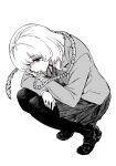  1girl android blazer bow bowtie collared_shirt full_body greyscale highres jacket kato_takuji long_sleeves looking_at_viewer looking_up monochrome original pantyhose prehensile_tongue school_uniform shirt shoes short_hair skirt solo squatting tiptoes 