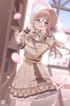  1girl bespectacled blush book bookshelf bow bowtie brown_bow brown_bowtie brown_hair brown_jacket brown_skirt cherry_blossoms commentary_request falling_petals floating_hair gakuen_idolmaster glasses highres himesaki_rinami idolmaster indoors jacket long_hair long_sleeves looking_at_viewer petals pleated_skirt purple_eyes qr_code shirt skirt smile solo twitter_username very_long_hair white_shirt yuuyu_(moco20111115) 