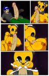  2017 anthro areola bear beard big_breasts big_penis black_eyes black_sclera bow_tie breasts clothed clothing comic crossgender cum cum_in_mouth cum_inside erection facial_hair fellatio female five_nights_at_freddy&#039;s fur gold_fur golden_freddy_(fnaf) hat huge_breasts huge_penis human lying machine male male/female mammal mustache nipples on_back open_mouth oral oral_penetration penetration penis robot saliva sex thegeckoninja titfuck tongue tongue_out video_games 