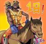  1boy aviator_cap belt blue_gloves commentary copyright_name countdown dark-skinned_male dark_skin dated english_commentary facial_hair fingerless_gloves gloves happy hat hey_ya_(horse) hey_ya_(stand) highres holding holding_reins horse horseback_riding jojo_no_kimyou_na_bouken knee_pads logo male_focus midriff mustache open_mouth orange_background orange_pants orange_shirt pants pocoloco reins riding saddle shirt smile stand_(jojo) steel_ball_run suspenders teeth therealartoside toned toned_male translation_request yellow_belt yellow_hat 