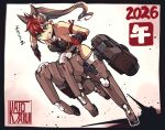  1girl 2026 animal_ears artist_name bandaged_arm bandages bare_shoulders black_dress black_gloves border brown_hair chinese_zodiac commentary_request dress extra_legs fake_animal_ears gloves green_eyes grin highres kato_takuji long_hair mechanical_ears mechanical_legs multicolored_hair original ponytail red_hair rope running shimenawa smile solo thighhighs two-tone_hair white_thighhighs year_of_the_horse 
