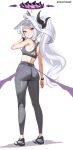  1girl absurdres ahoge ass black_halo blue_archive commentary demon_girl demon_horns demon_wings english_commentary from_behind grey_pants grey_sports_bra halo highres hina_(blue_archive) horns long_hair low_wings multicolored_halo multiple_horns paintlabor pants parted_bangs purple_eyes purple_halo shoes sneakers sports_bra standing sweat very_long_hair visor_cap white_hair wings workout_clothes yoga_pants 