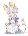  1girl alternate_costume animal animal_ears apron apron_hold black_dress clothed_animal commentary_request dress enmaided grey_hair highres juliet_sleeves long_sleeves looking_at_viewer maid maid_apron maid_headdress mouse_(animal) mouse_ears mouse_girl mouse_tail nazrin neck_ribbon puffy_sleeves red_eyes red_ribbon ribbon simple_background solo tail touhou white_apron white_background yamasina009 