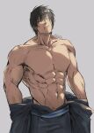  1boy abs black_hair closed_mouth commentary_request cowboy_shot fushiguro_toji grey_background highres jujutsu_kaisen lailu male_focus muscular muscular_male no_nipples pectorals scar scar_on_face scar_on_mouth short_hair solo topless_male twitter_username 