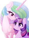  2017 blush duo equine eye_contact eyelashes feathered_wings feathers female feral fluffymaiden friendship_is_magic hair hi_res horn long_hair mammal multicolored_hair my_little_pony princess_celestia_(mlp) purple_eyes purple_feathers simple_background smile twilight_sparkle_(mlp) white_background white_feathers winged_unicorn wings 