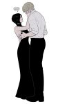  1boy 1girl ada_wong bare_arms bare_shoulders black_dress black_hair black_pants black_shoes blonde_hair breasts collared_shirt couple dress english_text full_body hand_on_another's_cheek hand_on_another's_face hetero highres leon_s._kennedy long_dress looking_at_another medium_breasts nt_so_s pants parted_bangs resident_evil shirt shoes short_hair sideboob sleeveless sleeveless_dress sleeves_rolled_up speech_bubble standing white_background white_shirt 