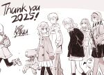  1boy 2025 5girls artist_name backpack bag bags_under_eyes breaching_girl_(kato_takuji) character_request coat commentary_request expressionless_kouhai_(kato_takuji) gun hairband hand_in_pocket highres holding holding_gun holding_weapon jitome kato_takuji long_hair looking_at_another ma_no_mono-tachi_wa_kuwadateru mittens mole mole_under_mouth monster multiple_girls new_year no_mouth original pants pet_robot_hunter_(kato_takuji) robot running sanshita_gyaru_(kato_takuji) scarf sepia short_hair shotgun sideways_mouth skirt walking weapon winter_clothes winter_coat 