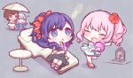  1other 25-ji_nightcord_de._(project_sekai) 3girls :d akiyama_mizuki asahina_mafuyu ball beach_umbrella black_sandals blue_eyes blush brown_sandals chibi chibi_only closed_eyes commentary_request flower flying_sweatdrops grey_background hair_flower hair_ornament holding holding_ball holding_umbrella long_hair multiple_girls open_mouth oyasumirakko pink_hair pointing ponytail project_sekai purple_hair red_flower sandals shinonome_ena side_ponytail sitting smile standing umbrella yoisaki_kanade 