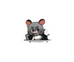  1girl animal_ears apron black_dress blush closed_mouth collared_dress commentary_request dress grey_eyes grey_hair hair_between_eyes hole_in_wall maid_day mouse_ears original puffy_short_sleeves puffy_sleeves short_eyebrows short_sleeves solo thick_eyebrows uni_souchou white_apron white_background 