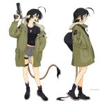  1girl :d ahoge animal_ears black_boots black_shirt blue_shorts boots breasts cross detached_ahoge fangs green_jacket gun hand_in_pocket handgun highres holding holding_gun holding_weapon jacket medium_breasts midriff_peek multiple_views open_clothes open_jacket open_mouth original shirt shorts simple_background smile tail twitter_username weapon white_background yonq98 