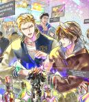  2girls 6+boys alcohol bandeau bar_(place) black_hair black_jacket blonde_hair blue_eyes bottle brick_wall brown_hair brown_jacket commentary_request dark-skinned_male dark_skin eni_(yoyogieni) eyepatch final_fantasy final_fantasy_viii fujin_(ff8) fur-trimmed_jacket fur_trim green_eyes grey_hair hair_between_eyes hair_slicked_back highres jacket jewelry kiros_seagill letterman_jacket male_focus multiple_boys multiple_girls necklace open_mouth parted_lips raijin_(ff8) scar scar_on_face scar_on_forehead seifer_almasy selphie_tilmitt shirt short_hair silver_necklace squall_leonhart sweatdrop twintails upper_body video_game_dialogue_box ward_zabac white_bandeau white_shirt zell_dincht 