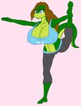  anthro big_breasts blue_eyes breasts brown_hair clothing female hair huge_breasts lizard reptile samantha_brooks sarcolopter scalie shirt simple_background solo tank_top wii_fit 