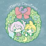 1boy 1girl 25-ji_len 25-ji_miku black_bow blonde_hair blue_background bow box chibi chibi_only commentary_request double-parted_bangs gift gift_box gradient_hair green_eyes green_hair hair_between_eyes hair_bow hatsune_miku heterochromia holding holding_gift kagamine_len long_hair merry_christmas mittens multicolored_hair no_mouth oyasumirakko pink_eyes pink_hair project_sekai red_bow red_mittens short_hair striped_bow twintails 