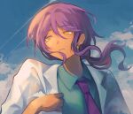 1boy aqua_shirt blue_sky charles_cuevas closed_mouth clothes_grab cloud coat collared_shirt commentary danganronpa:_despair_time dark-skinned_male dark_skin floating_hair hair_between_eyes hand_on_own_chest highres lab_coat lapels long_hair looking_ahead low_ponytail necktie notched_lapels open_clothes open_coat ponytail portrait pulling_own_clothes purple_hair purple_necktie shirt sidelocks sky solo untranslatable_commentary white_coat xin_ci yellow_eyes 