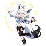  1girl :3 :d \||/ ahoge animal_ears asymmetrical_legwear black_shorts blue_neckerchief braid closed_eyes commentary_request detached_sleeves double_\||/ hololive jb_jagbung navel neckerchief shirakami_fubuki shirakami_fubuki_(1st_costume) shorts side_braid sidelocks simple_background single_braid single_thighhigh smile solo standing standing_on_one_leg tail thighhighs virtual_youtuber white_background white_hair 