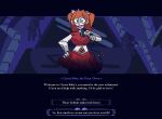  1girl @_@ animatronic blue_background blue_theme blush_stickers bow breasts character_name circus_baby_(fnaf) clothed_robot clown colored_skin commentary cowboy_shot dialogue_options electric_fan english_commentary english_text facing_viewer fake_screenshot five_nights_at_freddy's five_nights_at_freddy's:_sister_location gameplay_mechanics green_eyes hair_bow hand_on_own_hip hatching_(texture) helltaker highres holding holding_microphone humanoid_robot indoors joints looking_at_viewer medium_breasts microphone microphone_cord midriff multiple_hair_bows mysaltisexposed open_mouth options orange_hair parody purple_bow red_lips red_nose red_skirt robot robot_girl robot_joints rotating_fan shirt skirt sleeveless sleeveless_shirt solo style_parody teeth twintails upper_teeth_only user_interface vanripper_(style) video_game_dialogue_box white_skin wireless_microphone 