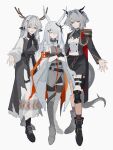  3girls alina_(arknights) animal_ears antlers arknights ascot black_ascot black_boots black_gloves black_skirt boots breasts closed_eyes crossed_arms deer_antlers deer_ears deer_girl dragon_girl dragon_horns dragon_tail dress epaulettes frostnova_(arknights) gloves grey_boots grey_dress grey_eyes grey_hair hair_intakes highres horns looking_at_viewer medium_breasts multiple_girls quanx70909457 rabbit_ears rabbit_girl skirt smile tail talulah_(arknights) talulah_the_fighter_(arknights) white_dress 