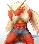  abs anthro avian blaziken blue_eyes blush bulge clothed clothing cum cum_in_clothing fklow hands_behind_back hi_res kneeling male muscular nintendo open_mouth penis_outline pok&eacute;mon saliva shorts simple_background solo topless video_games white_background yellow_sclera 