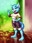  3_toes 4_fingers anthro blue_fur cartoon_network cat clothed clothing crossgender eyelashes feline female fur gumball_watterson karol_pawlinski mammal midriff navel open_mouth purple_eyes smile solo standing the_amazing_world_of_gumball toes whiskers wide_hips 